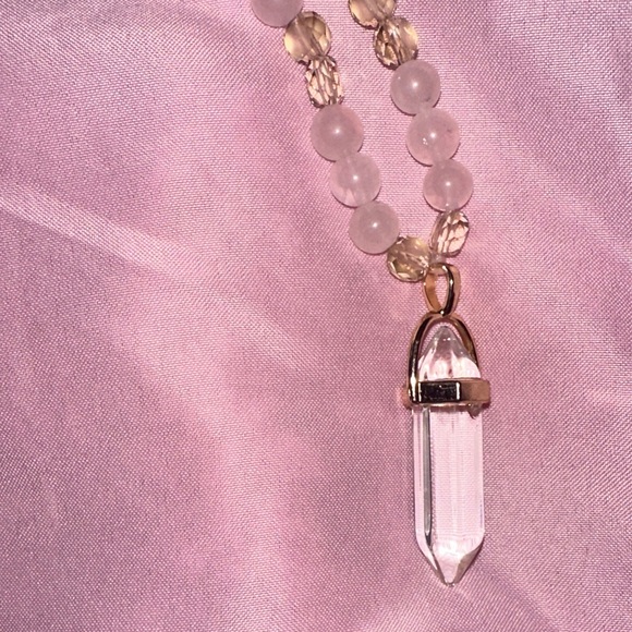 Rosé Champagne Necklace (Rose Quartz, Cream Crystal and Clear Quartz Pendant) - Picture 6 of 6